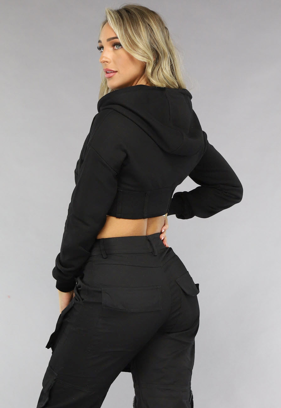 Zwart Cropped Korset Look Vestje met Capuchon