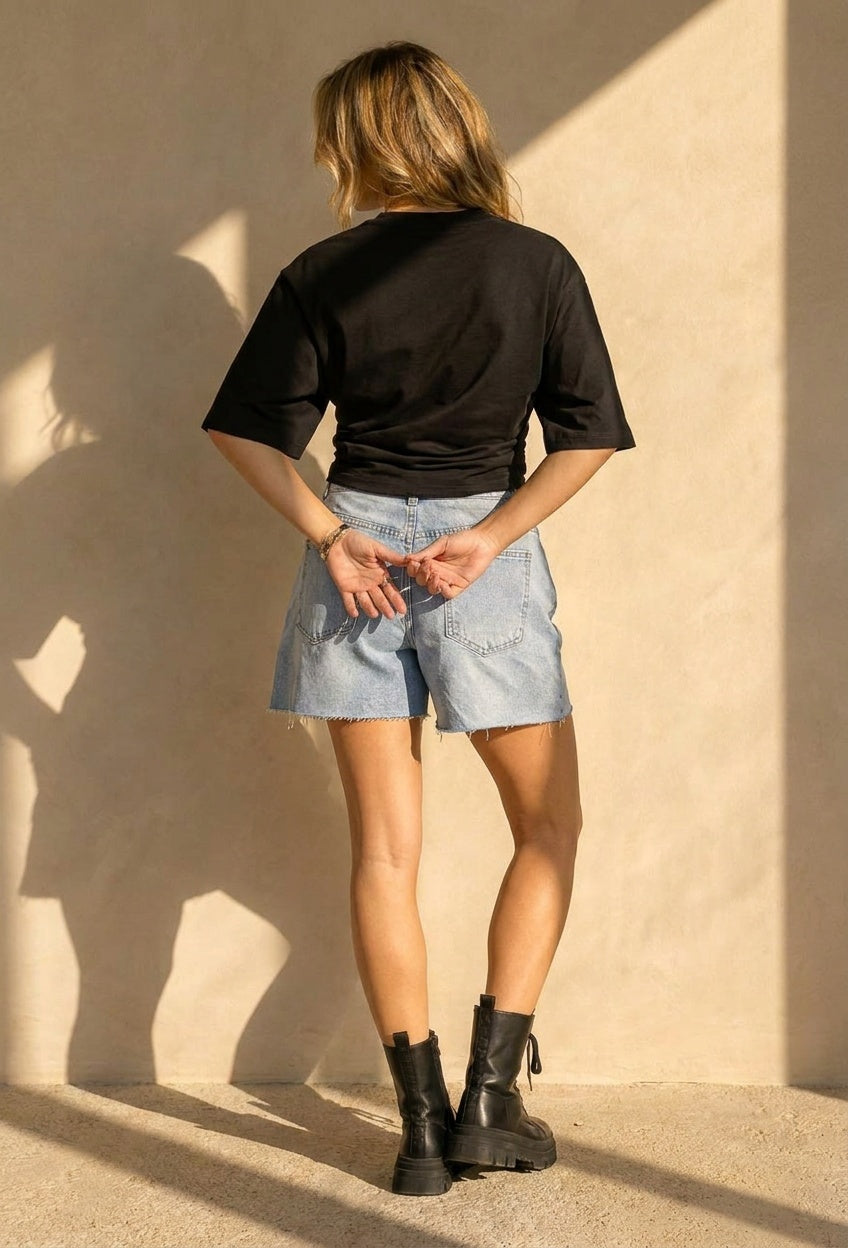 Zwarte Oversized Top met Halflange Mouwen en Ronde Hals