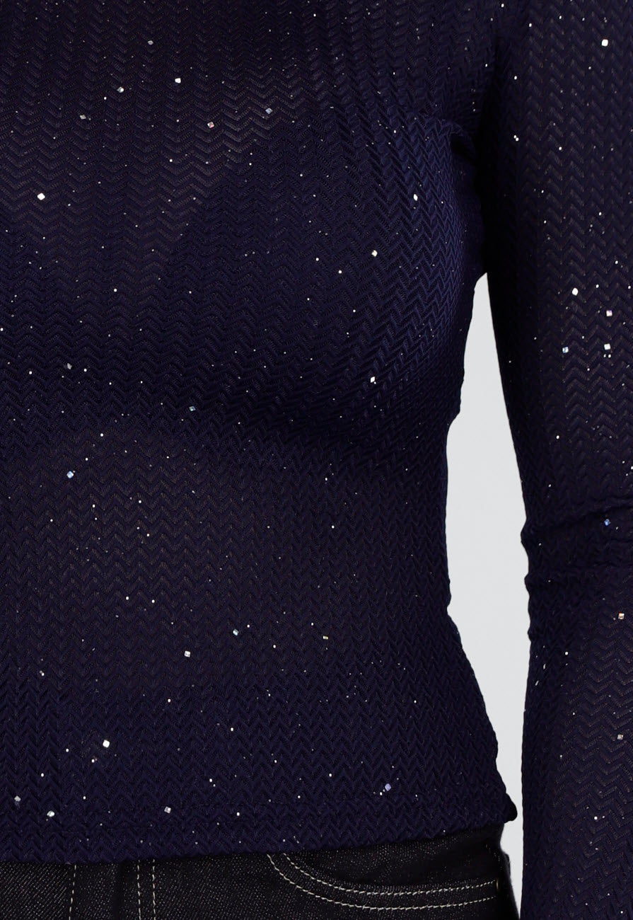 Donkerblauwe Glittertop met Lange Mouwen en Ronde Hals