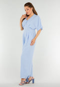Lichtblauwe Jumpsuit met Wijde Pijpen en Lage V-Hals in Linnenlook