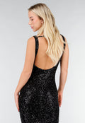 Zwarte Glitter Midi Jurk met Mouwloos Design