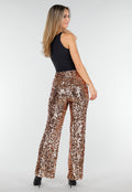 Goudkleurige Pailletten Broek met Hoge Taille en Rechte Pijpen
