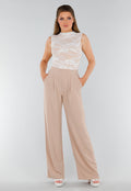Witte Stretch Kanten Body met Opstaande Halslijn en Beige Voering