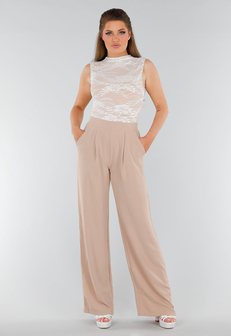 Witte Stretch Kanten Body met Opstaande Halslijn en Beige Voering