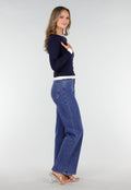 Donkerblauwe Longsleeve Top met Witte Boorden aan Hals en Mouwen