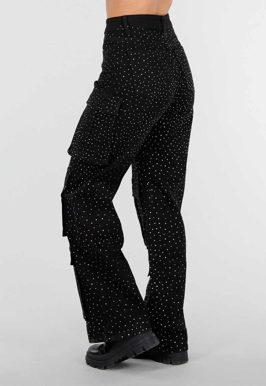 Zwarte Cargo Broek met Strass Details en Rechte Pijpen