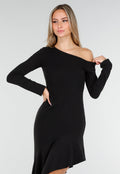 Zwarte One Shoulder Fleece Maxi Jurk met Asymmetrische Zoom en Stretch