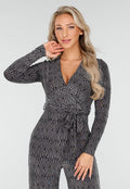 Jumpsuit met V-Hals en Lange Mouwen in Zwart met Zilveren Glitterprint