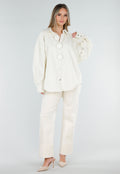 Crème Denim Blouse met Oversized Knopen en Lange Mouwen