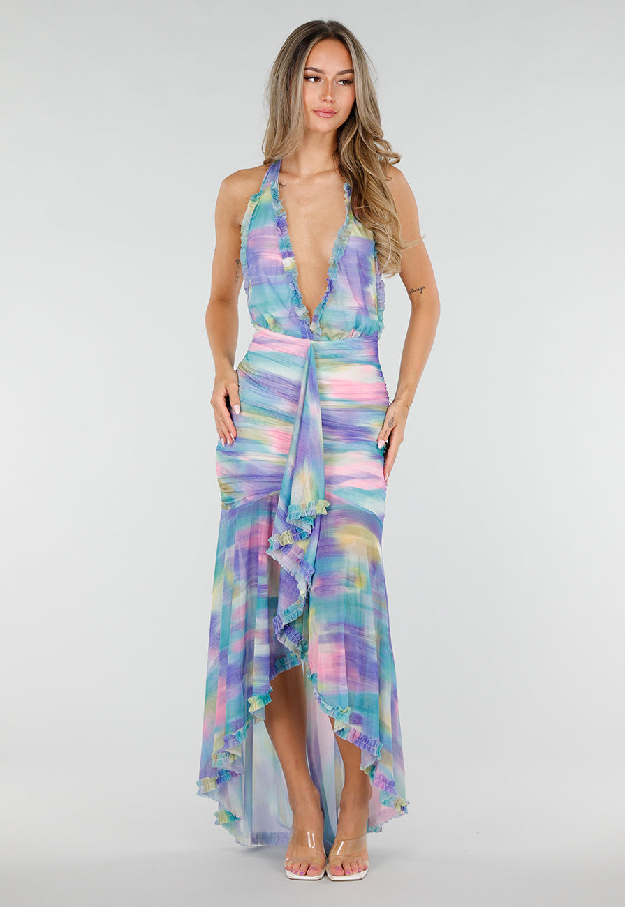 Pastelkleurige Halter Maxi Jurk met Stretch en Open Rug