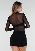 Zwarte Mesh Body met Blauwe Glitters en Lange Mouwen  en Col