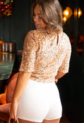 Beige Pailletten Top met Korte Mouwen en Ronde Hals