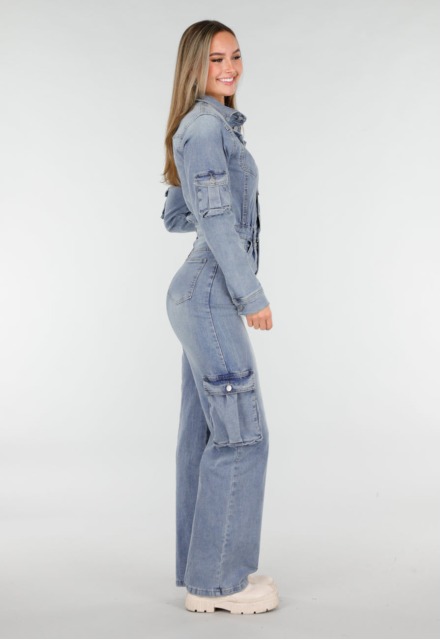 Denim Cargo Jumpsuit Blauw
