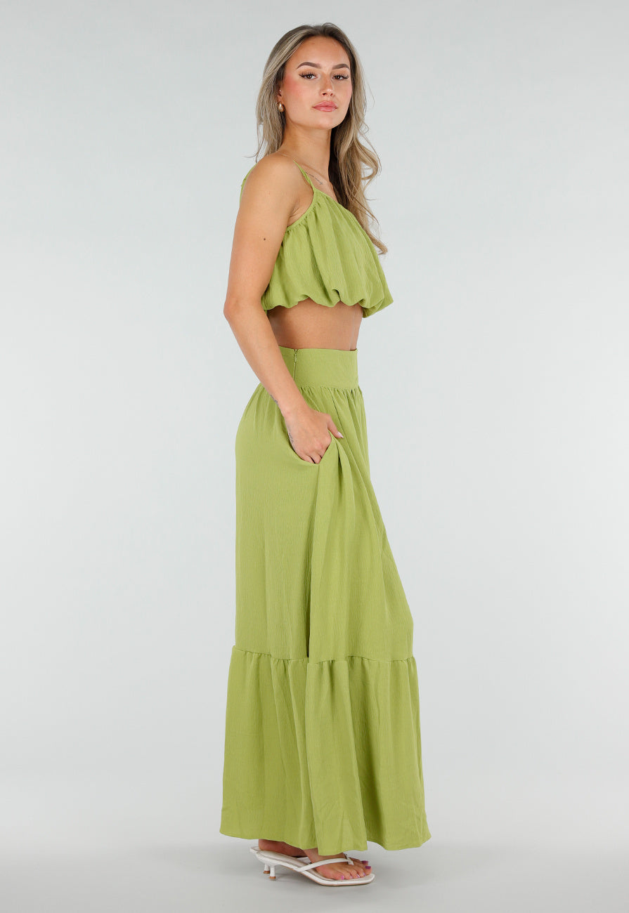 Olijfgroene Two Piece Set met Spaghetti Top en Maxi Rok