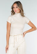Beige Stretch Top met Col en Korte Mouwen