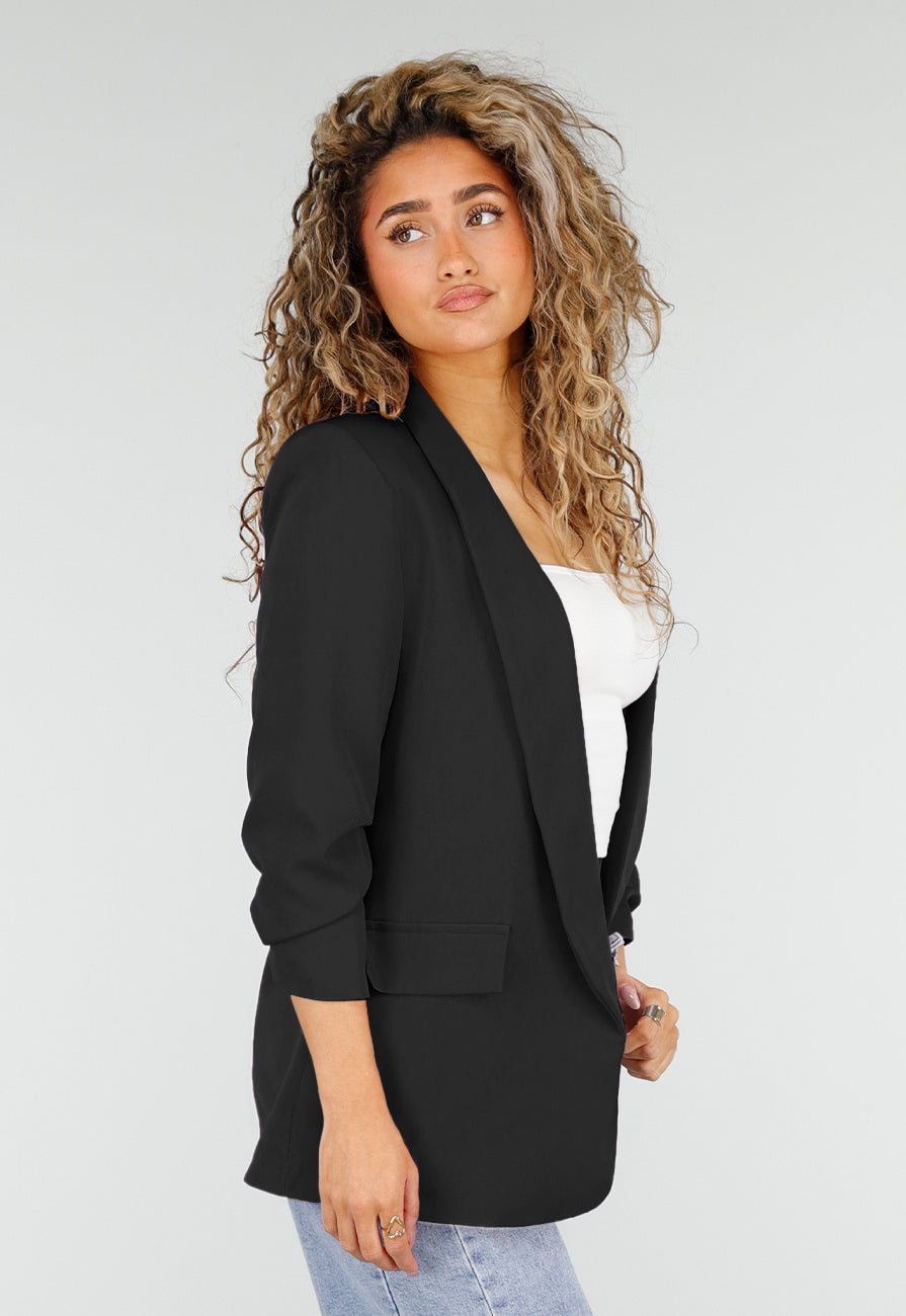 Zwarte Blazer met Geplooide Driekwart Mouwen