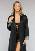 Zwarte Satijnen Kimono met Wijde Mouwen en Borduur Details