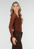 Bruine Mesh Top met Lange Mouwen en Hartvormige Halslijn