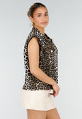 Bruine Denim Gilet met Panterprint en Ruffle Mouwen