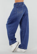 Blauwe Barrel Jeans met Drukknoopdetails en Verstelbare Plooien