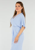 Lichtblauwe Jumpsuit met Wijde Pijpen en Lage V-Hals in Linnenlook