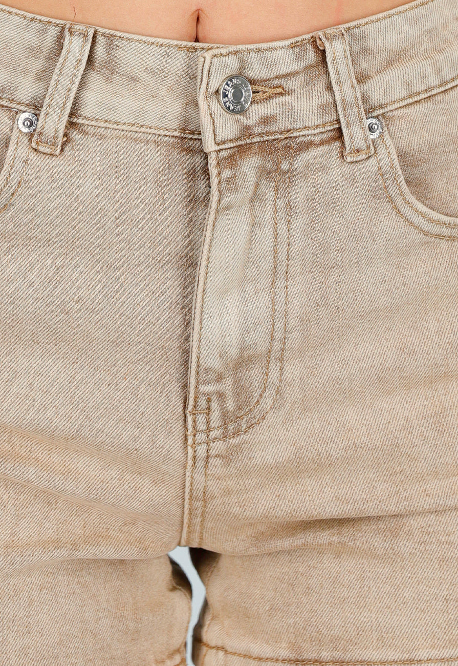 Beige Denim Short met Lichte Stretch en Steekzakken