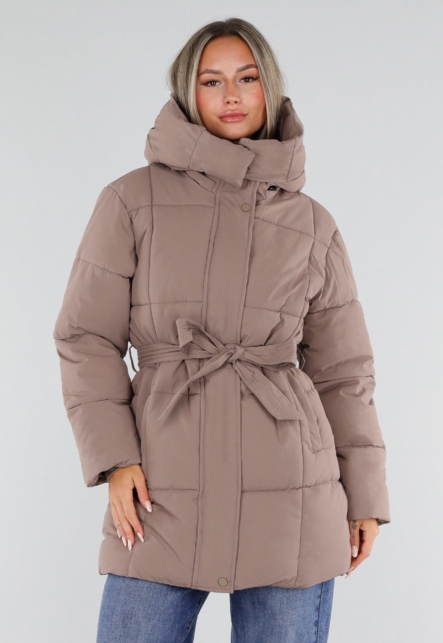 Taupe Gewatteerde Winterjas met Capuchon en Ceintuur