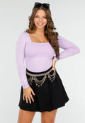 Lila Stretch Top met Vierkante Hals en Lange Mouwen