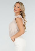 Beige Mouwloze Top met Volants bij de Schouders en Strik