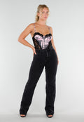Roze Zwarte Body met Krantenprint en Kantdetails