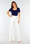 Donkerblauwe Stretch Top met Kanten Randje Ronde Hals