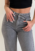 Grijze High Waist Straight Jeans met Licht Gewassen Look