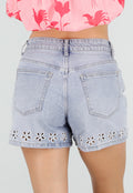 Lichtblauwe Denim Shorts met Geborduurde Bloemenzoom