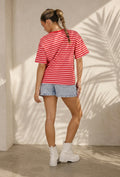 Rood Roze Gestreept T-shirt met Korte Mouwen en Ronde Hals