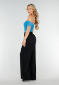 Blauwe Mesh Off Shoulder Top met Stretch en Drapé Effect