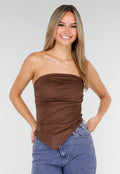 Bruine Strapless Suede Top met Stretch en Plooien