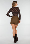 Bruine Mesh Body met Ruitprint en Lange Mouwen