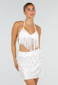 Witte Fringe Halter Top met Verstelbare Rugsluiting