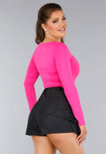 Fuchsia Longsleeve Stretch Shirt met Vierkante Hals