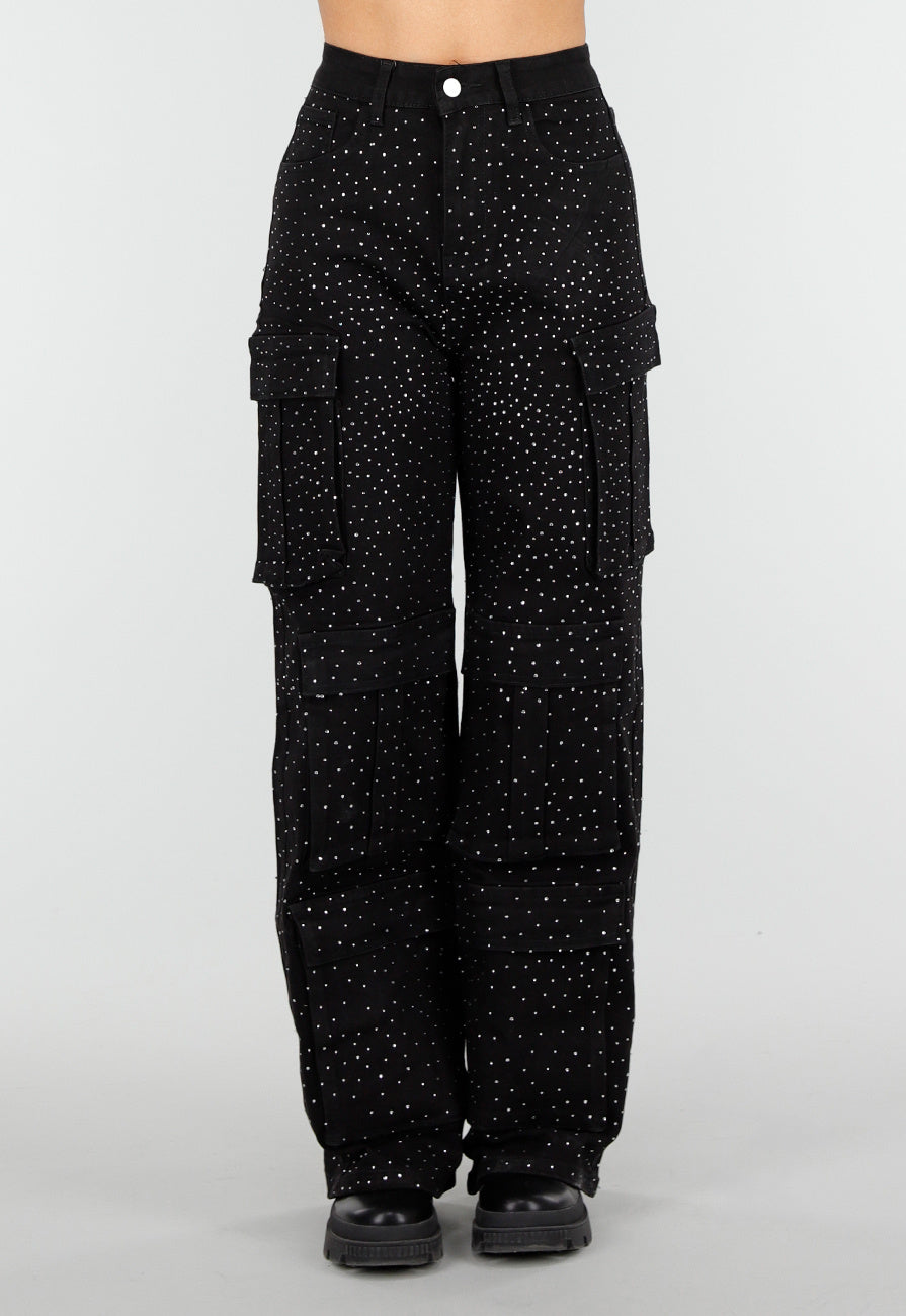 Zwarte Cargo Broek met Strass Details en Rechte Pijpen