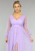 Paarse Glitter Maxi Jurk met Mesh Mouwen