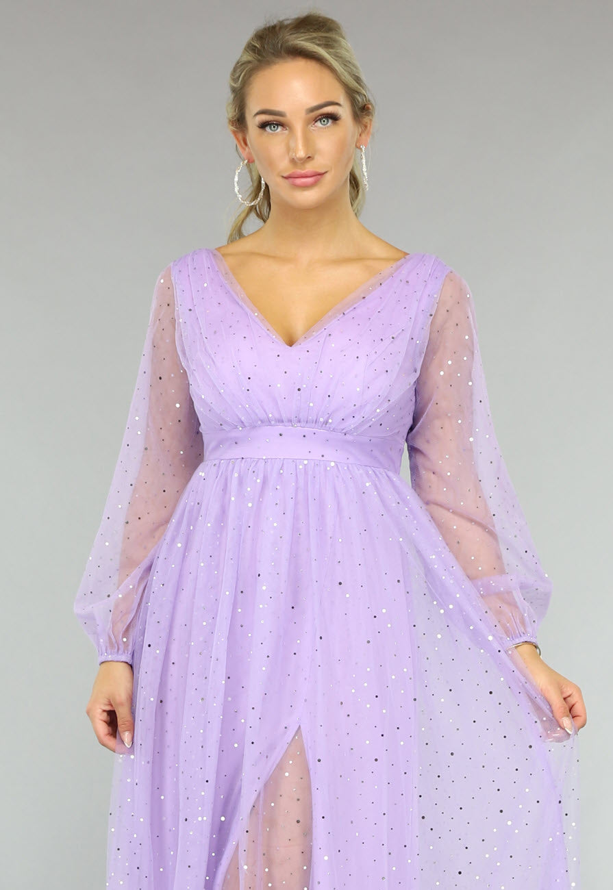 Paarse Glitter Maxi Jurk met Mesh Mouwen