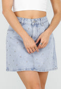 Lichtblauwe Denim Mini Rok met Studs en High Waist