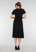 Zwarte Stretch Midi Jurk met Gouden Taille Detail