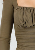 Khaki Push-Up Longsleeve Top met Gerimpelde Bustier