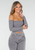 Grijze Off Shoulder Crop Top met Lange Mouwen
