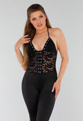 Zwarte Jumpsuit met Kanten Haltertop, V-Hals en Flared Pijpen