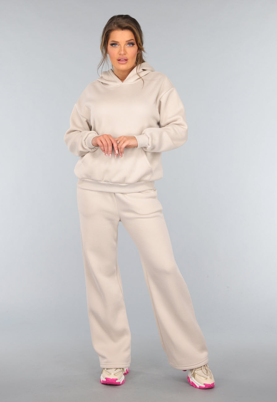 Beige Hoodie Set met Wijduitlopende Broek