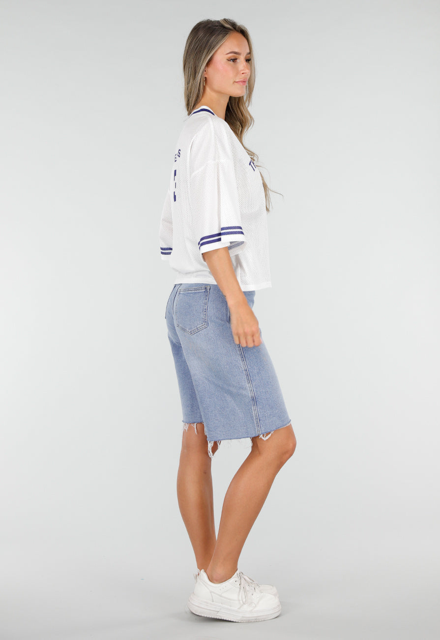 Witte Mesh Oversized Jersey T-Shirt met V-Hals