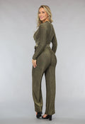 Elastische Gouden Glitter Jumpsuit met Wijde Pijpen